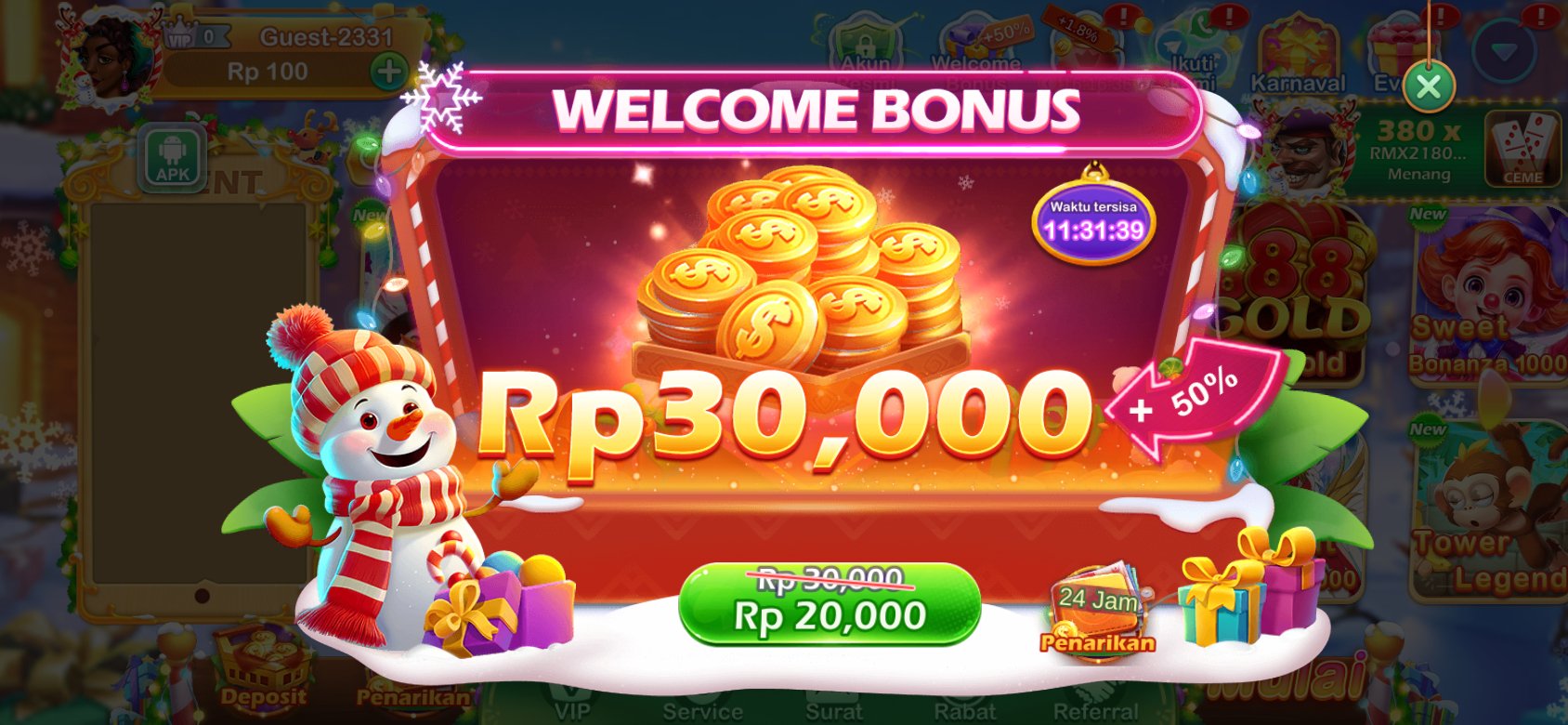 BONUS SELAMAT DATANG: Dapatkan bonus Rp30.000 dengan tambahan +50%. Harga normal dicoret ~Rp 30.000~ dan harga spesial Rp 20.000. Waktu tersisa untuk mengklaim bonus adalah 11:31:39. Terdapat keterangan 24 Jam Penarikan.